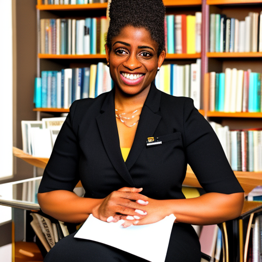 Karen Attiah, a 37-year-old female, renowned opinion writer for national newspapers. She is wearing a black blazer and a white top, her hair is styled in an updo with a few wisps framing her face. Her gaze is determined and her posture is confident. She is seated in a chair surrounded by bookshelves, indicating her love of knowledge and her dedication to her craft. Her hands are clasped in her lap, a sign of her composure and professionalism. She is a powerful figure in the world of journalism.