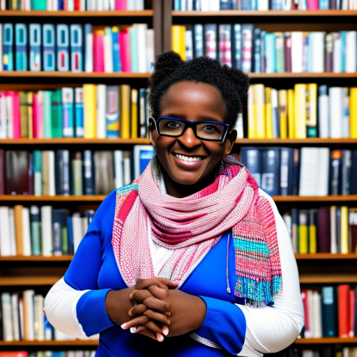 Amina Abdi, a 37-year-old female opinion writer for a national newspaper. She has shoulder-length dark brown hair, glasses, and a warm smile. She wears a white blouse and a blue patterned scarf, and is standing in front of a bookshelf filled with books. Her hands are clasped together, and she looks confident and poised. She is a passionate advocate for social justice and an outspoken voice on current issues.