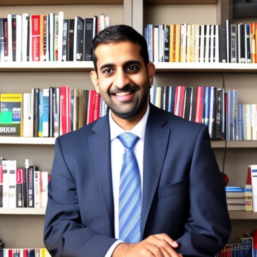 Rajesh Patel, a 41-year-old male opinion writer for a national newspaper. He has short black hair and a goatee, and wears a navy blue suit with a white shirt and a red tie. He has a serious expression on his face, and he is looking directly at the camera. He is standing in front of a bookshelf filled with books, with a desk and laptop to his side.