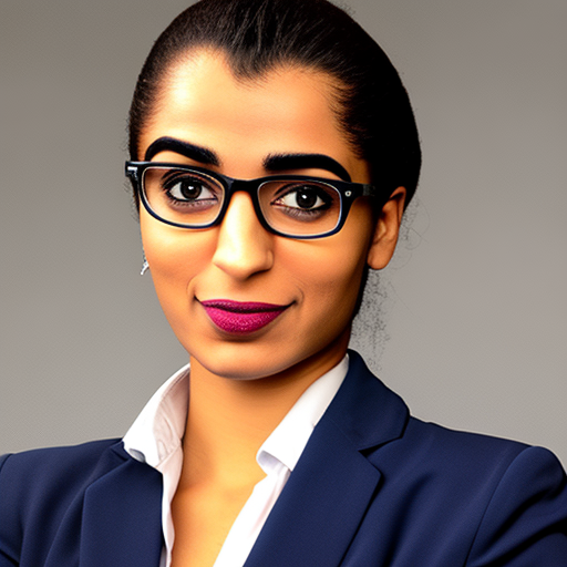 Hana Al-Hussein, 26-year-old female opinion writer for a national newspaper. She is wearing a navy blue blazer with a white shirt underneath, and a pair of black trousers. Her hair is pulled back in a sleek ponytail, and she is wearing a pair of glasses. She has a confident, determined expression on her face. She is holding a pen in her right hand, and a notebook in her left. She is sitting in front of a laptop, ready to write her next opinion piece.
