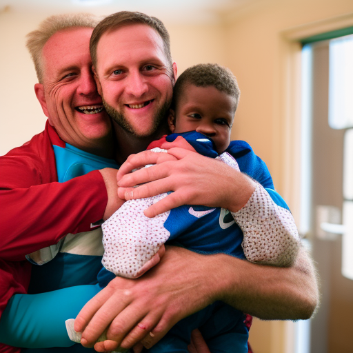 Rob Burrow embracing his family, joyous expression, close-up, indoors, high-resolution.