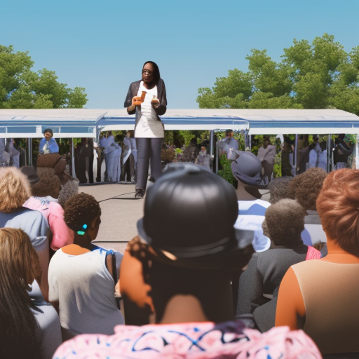 Woman of color standing in front of a crowd, giving a speech, outdoors, high-resolution.