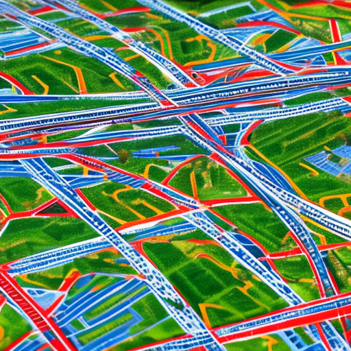 Aerial view of a city map, showing roads, highways, and landmarks. Sharp focus, vibrant colors.