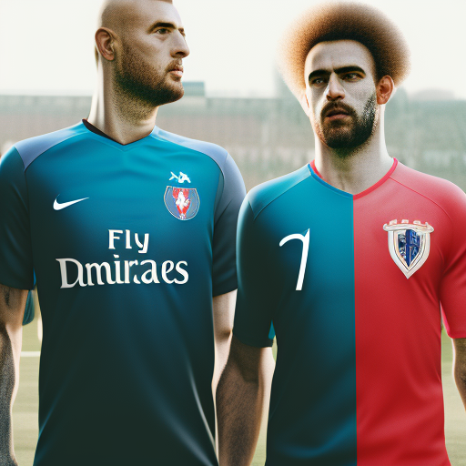 Two people, both wearing football kits, standing side by side. High-resolution, outdoor, natural light.