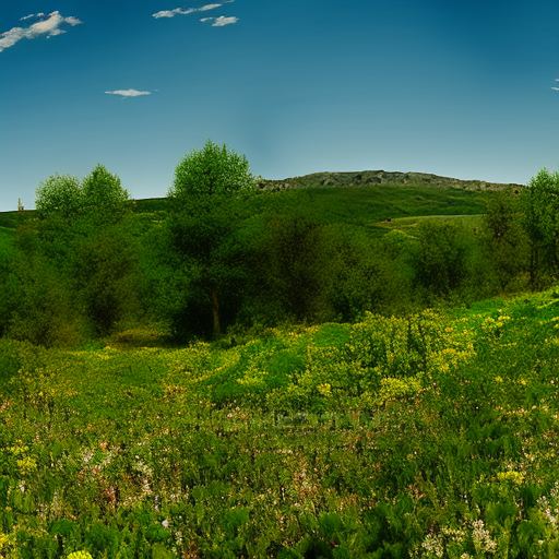Panoramic view of a rewilded landscape with diverse flora and fauna. Nature, green, fresh. High-resolution, sharp details.