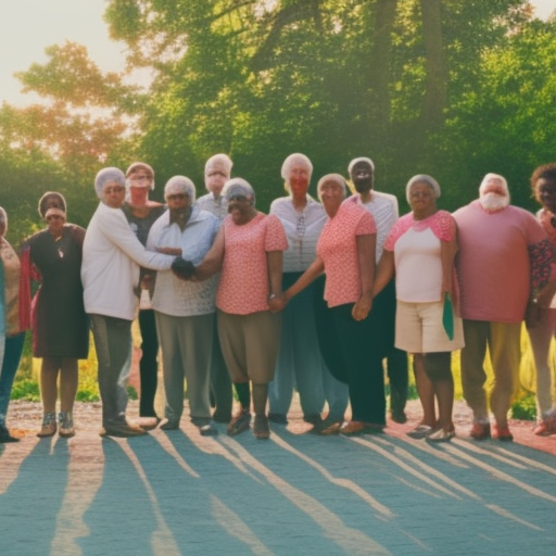Group of people of varying ages and ethnicities, standing in a circle and holding hands. Colorful, vibrant, outdoor shot, natural lighting.