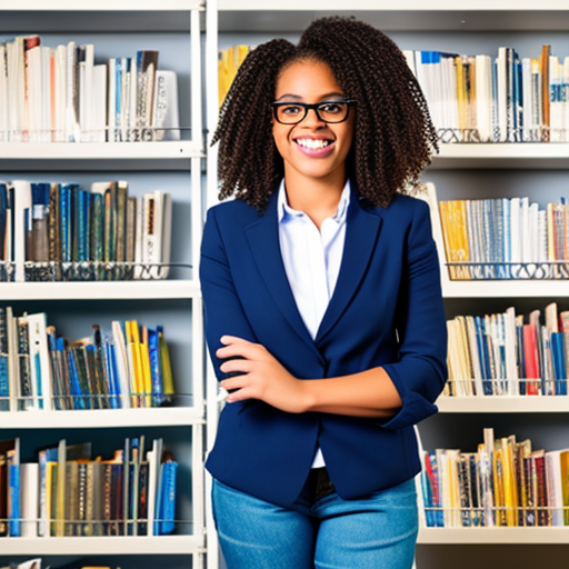 Tatiana Smith, a 28-year-old female opinion writer for a national newspaper. She has short dark hair, glasses, and a bright smile. She is wearing a navy blazer over a white shirt and blue jeans. She stands in front of a bookshelf filled with books and magazines. Her hands are clasped in front of her, and her gaze is focused on something off-camera. She looks confident, passionate, and ready to make her voice heard.
