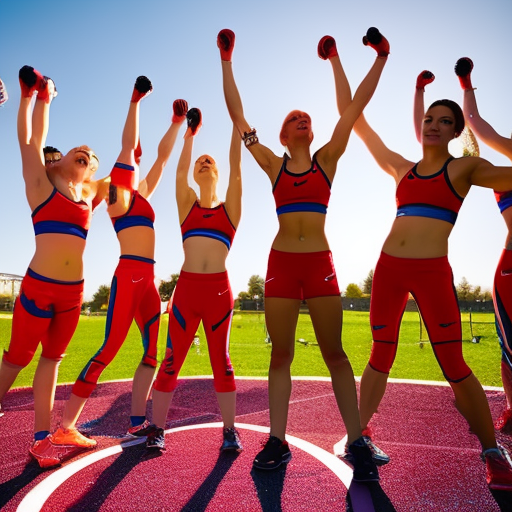 Group of female athletes in a circle, celebrating, mid-action, low-angle shot, bright colors.
